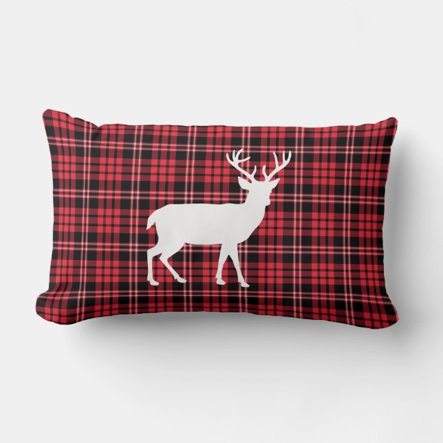 Rustic Deer Red And Black Plaid Pattern Lumbar Cushion (Front)
