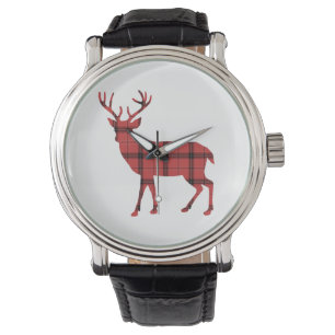 Rustic Deer Red and Black Plaid Tartan Pattern Watch