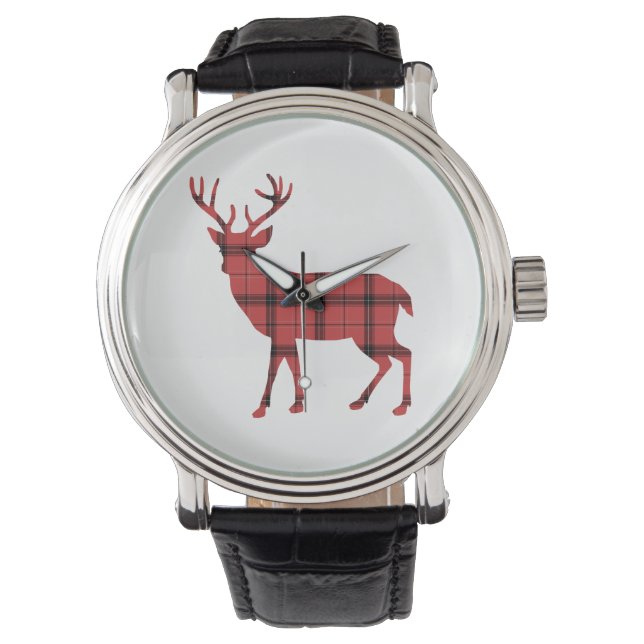 Rustic Deer Red and Black Plaid Tartan Pattern Watch (Front)