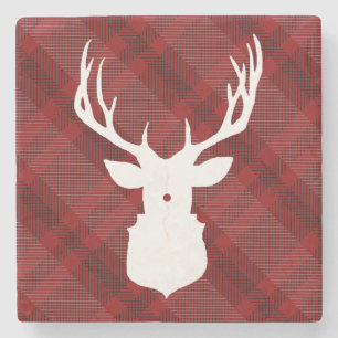 RUSTIC DEER RED PLAID STYLISH HOLIDAY COASTERS