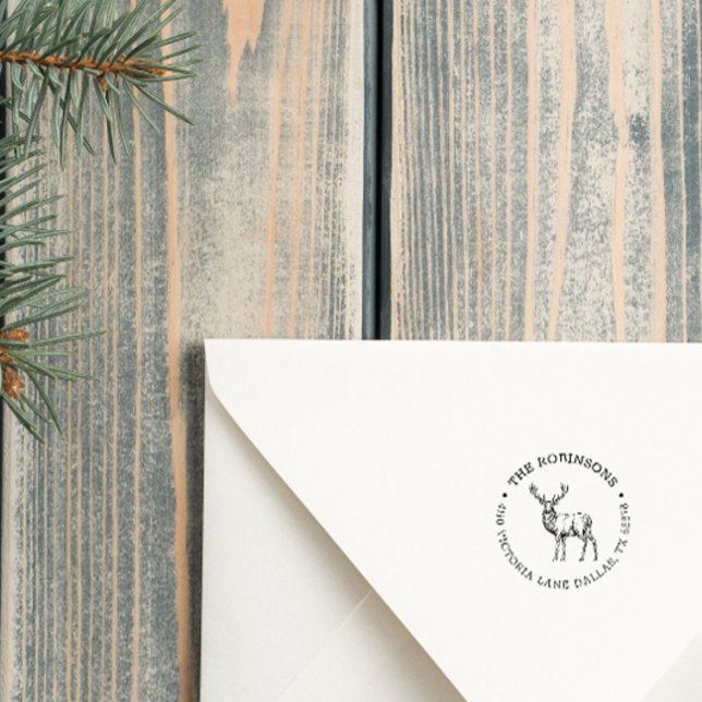 Rustic Deer Round Family Return Address Rubber Stamp (Creator Uploaded)