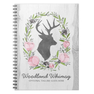 Rustic Deer Silhouette Floral Wreath Cameo on Wood Notebook