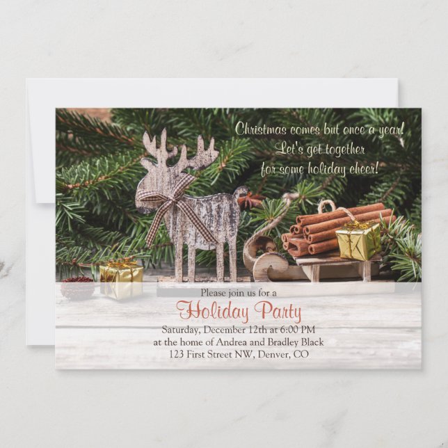 Rustic Deer Sleigh Christmas Holiday Party Invitation (Front)