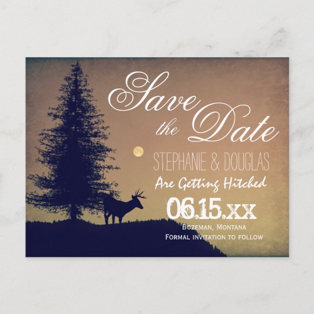 Rustic Deer Tree Country Save the Date Postcards (Front)