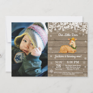 Rustic Deer Winter Boy Birthday Photo Invitation