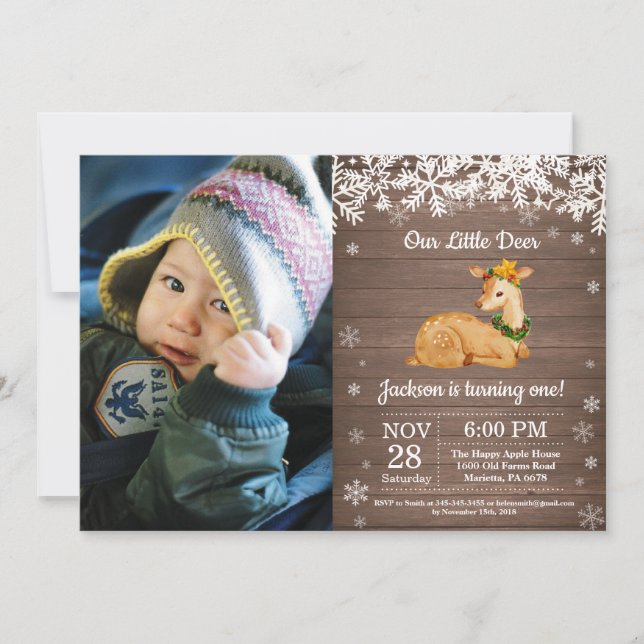 Rustic Deer Winter Boy Birthday Photo Invitation (Front)