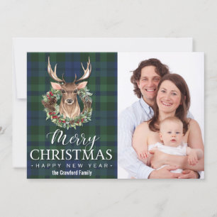 Rustic Deer Wreath Tartan Photo Christmas 2 Holiday Card