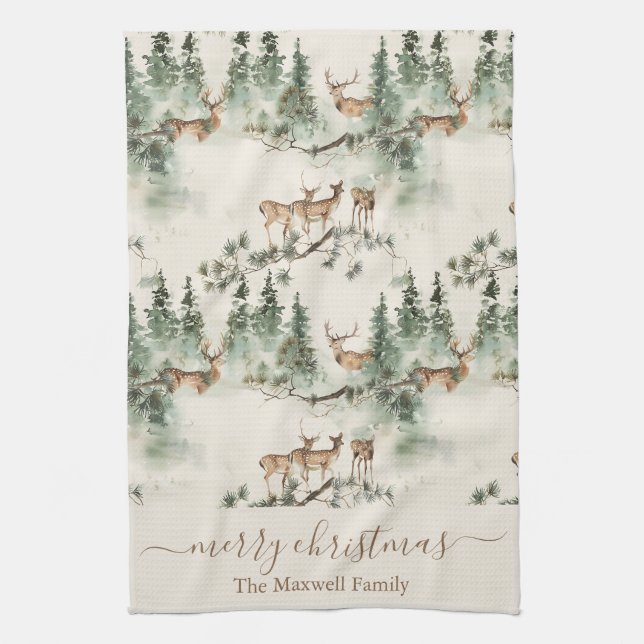 Rustic deers merry christmas family name tea towel (Vertical)