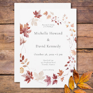 Rustic Delicate Burgundy & Rust Fall Leaves Wreath Invitation