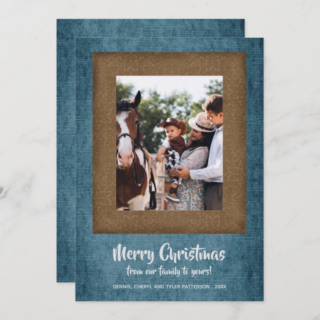Rustic Denim and Brown Damask Christmas Photo Holiday Card (Front/Back)
