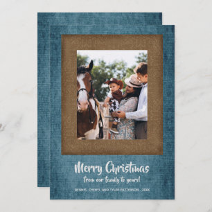 Rustic Denim and Brown Damask Christmas Photo Holiday Card