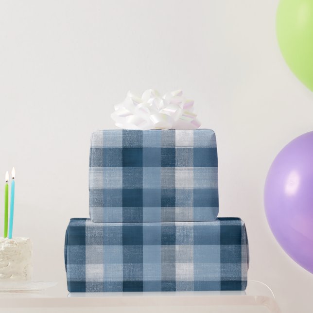 Rustic Denim Blue Farm Check Faded Plaid Pattern Wrapping Paper (Party Gifts)