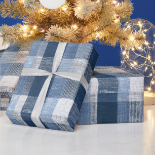 Rustic Denim Blue Farm Check Faded Plaid Pattern Wrapping Paper
