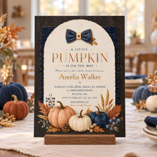 Rustic Denim Bow Little Pumpkin Baby Shower Invitation