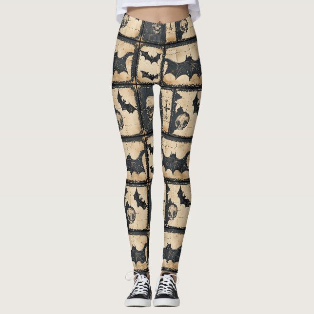 Rustic Denim Halloween Patchwork Pattern Leggings (Front)