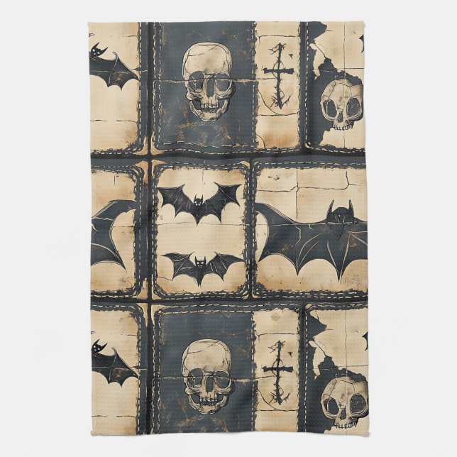 Rustic Denim Halloween Patchwork Pattern Tea Towel (Vertical)