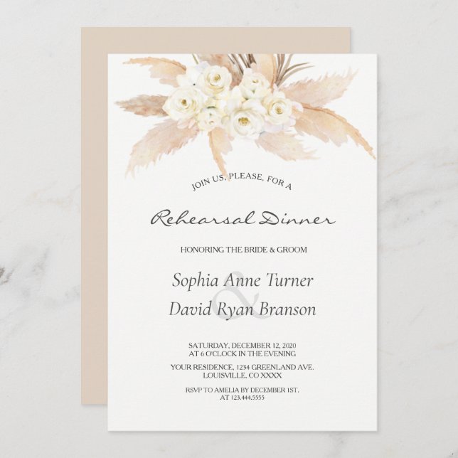 Rustic Desert Roses Pampas Grass Rehearsal Dinner Invitation (Front/Back)