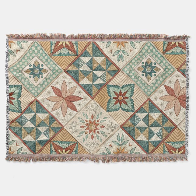 Rustic Diamond Patchwork Pattern - Geometric Throw Blanket (Front)