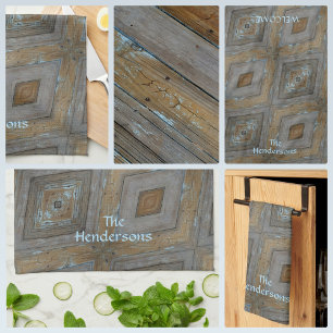 Rustic Diamond Pattern Aged Wood Brown Blue Tea Towel