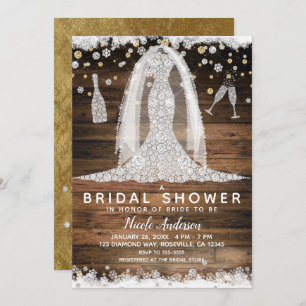 Rustic Diamond Wedding Dress Gold Bridal Shower Invitation
