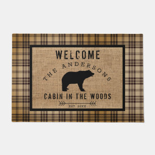 Rustic Distressed Plaid Bear Welcome Cabin Woods Doormat