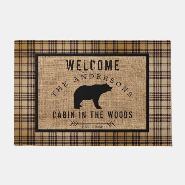 Rustic Distressed Plaid Bear Welcome Cabin Woods Doormat (Front)
