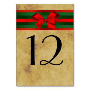 Rustic Distressed, Red & Green Ribbon Christmas Table Number