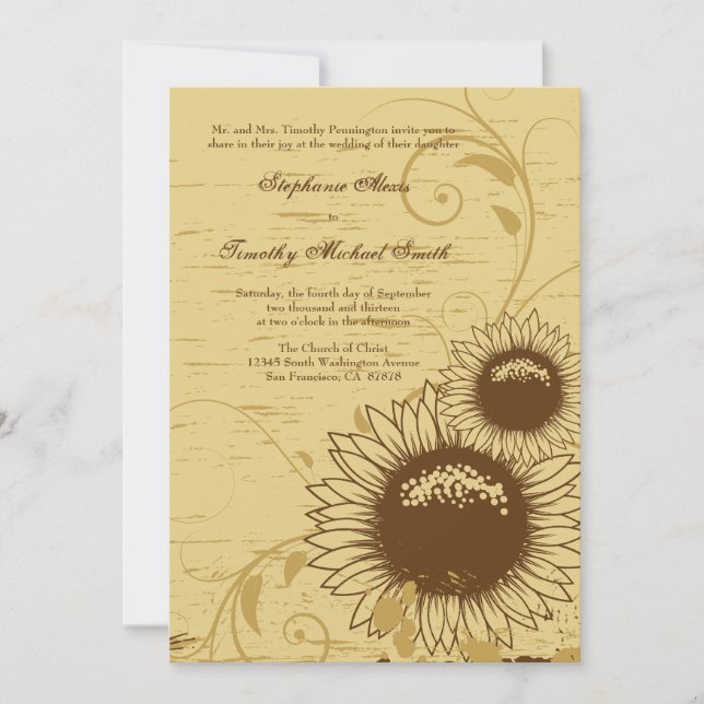 Rustic distressed sunflower wedding invite (Front)
