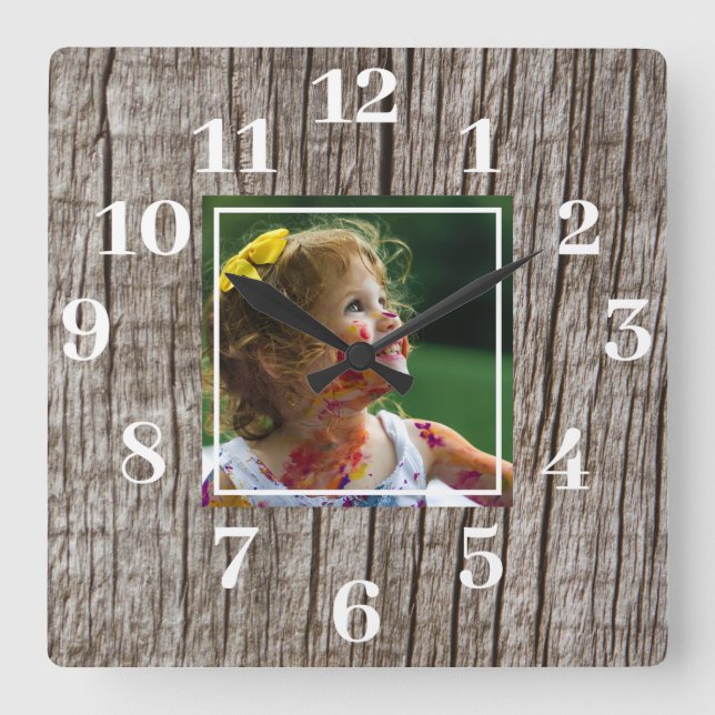 Rustic Distressed Wood Custom Photo Square Wall Clock (Front)