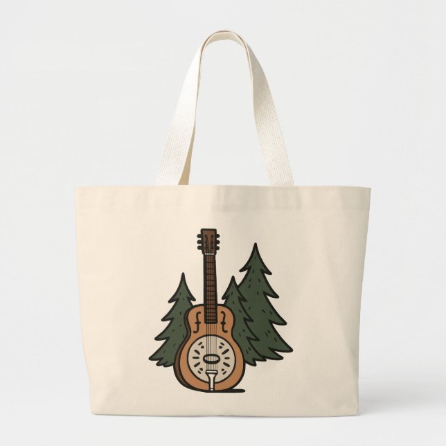Rustic Dobro Guitar & Pine Trees Design Large Tote Bag (Front)