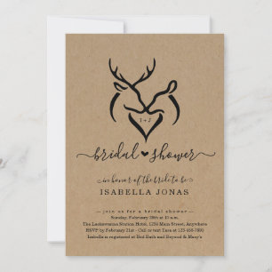 Rustic Doe & Deer Antlers Heart Bridal Shower Invitation