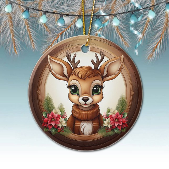 Rustic Doe Holiday Reindeer Festive Deer Xmas 🦌🎄 Ceramic Ornament (Holiday Reindeer Festive poinsettia flower Ceramic Ornament Cute Winter Woodland Wildlife Deer 🦌🎄)