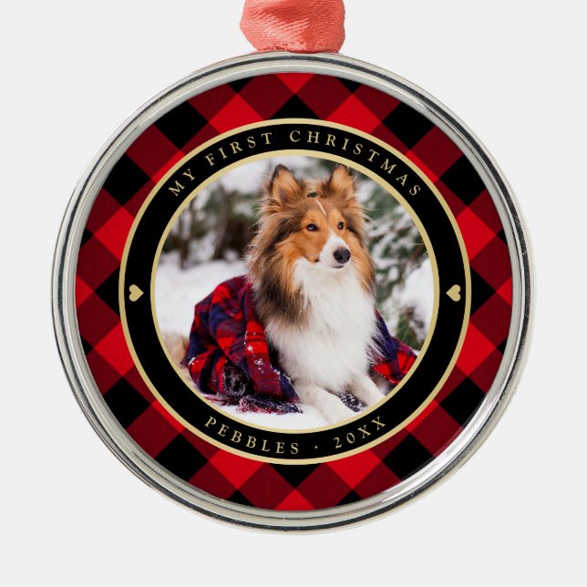 Rustic Dog First Christmas Red Buffalo Plaid Name Metal Ornament (Front)