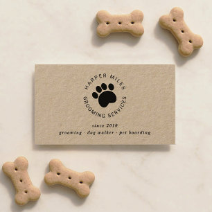 Rustic dog grooming paw print kraft business card