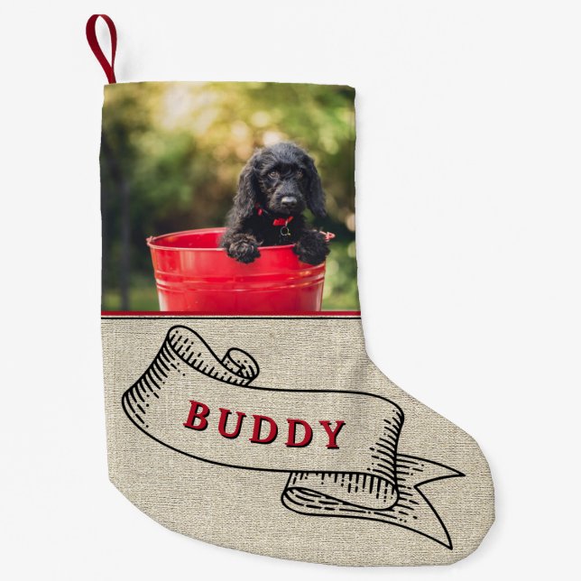 Rustic Dog Photo and Name Festive Ribbon Small Christmas Stocking (Front)