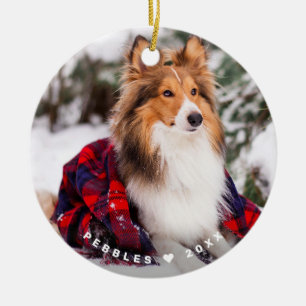 Rustic Dog Photo Name Red Buffalo Plaid Holiday Ceramic Ornament