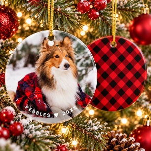 Rustic Dog Photo Name Red Buffalo Plaid Holiday Ceramic Ornament