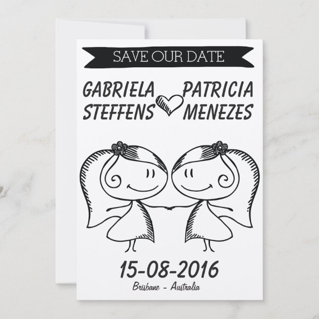 Rustic Doodle Couple Lesbian Save the Date (Front)