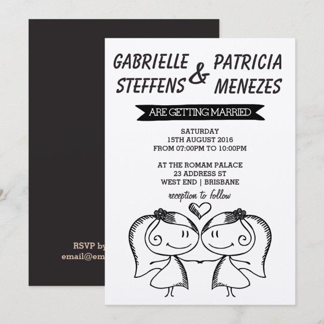 Rustic Doodle Couple Lesbian Wedding Invitation (Front/Back)