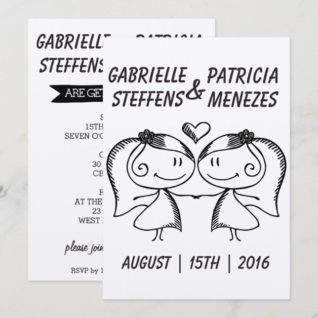 Rustic Doodle Lesbian Wedding Invitation (Front/Back)