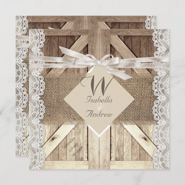 Rustic Door Wedding Beige Lace Wood Burlap Writing Invitation (Front/Back)