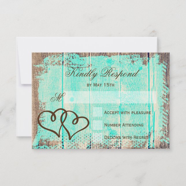 Rustic Double Hearts Aqua Wood Wedding RSVP Cards (Front)