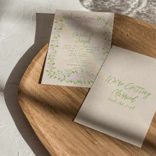 Rustic Drawn Green Pink Bow Floral Summer Wedding Invitation