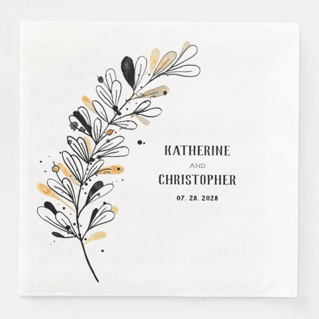 Rustic Drawn Stem With Black White & Gold Leaves Napkin (Front)