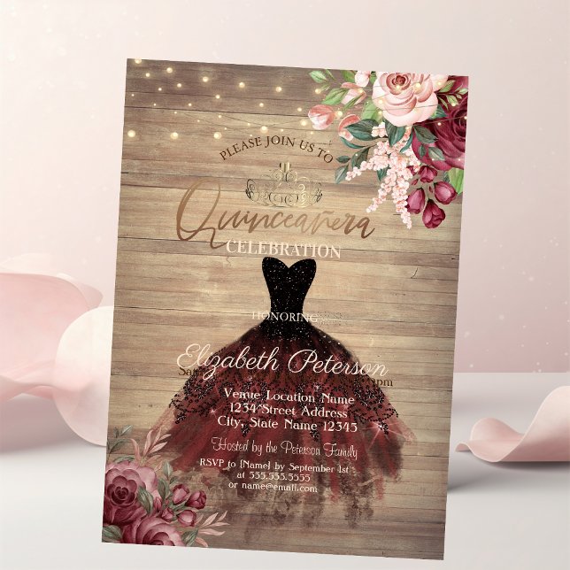 Rustic Dress,Tiara,Lights Floral Wood Quinceañera Invitation (Creator Uploaded)