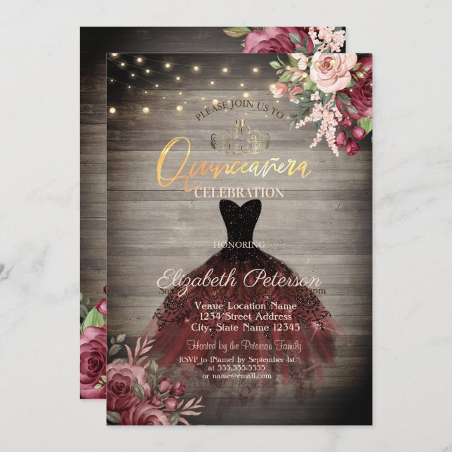 Rustic Dress,Tiara,Lights Roses Wood Quinceañera  Invitation (Front/Back)