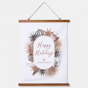 Rustic Dried Botanicals Happy Holidays Hanging Tapestry