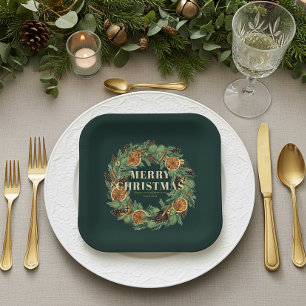 Rustic Dried Orange Holiday Pine Wreath Green Paper Plate