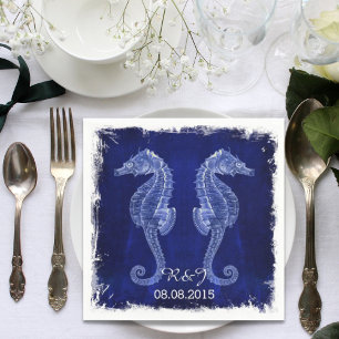 rustic drift wood vintage blue seahorse wedding napkin