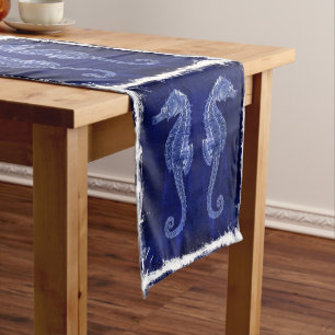 rustic drift wood vintage blue seahorse wedding short table runner